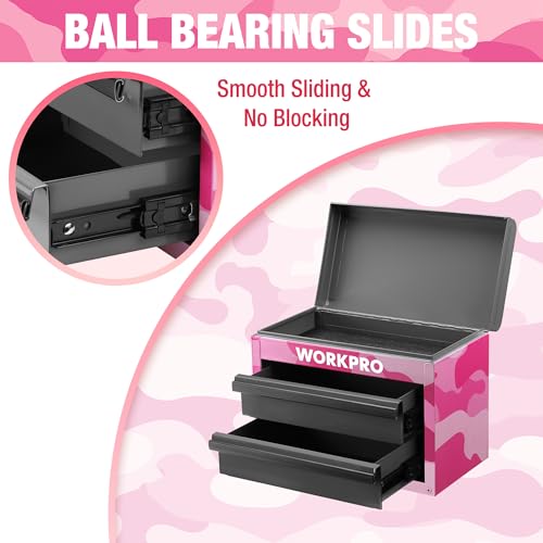 WORKPRO Metal Mini Tool Box, Top Tool Chest containing Two Drawers with Ball Bearing Slides, PVC Drawer Liners and PP Feet Pads, Cold Rolled Steel Small Toolbox for Multi-Purpose Storage - Pink Ribbon - color: Pink Camo