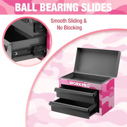 WORKPRO Metal Mini Tool Box, Top Tool Chest containing Two Drawers with Ball Bearing Slides, PVC Drawer Liners and PP Feet Pads, Cold Rolled Steel Small Toolbox for Multi-Purpose Storage - Pink Ribbon - color: Pink Camo