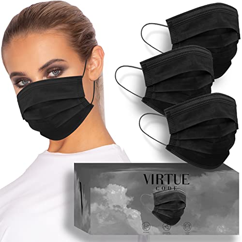 VIRTUE CODE Support Face Masks - Soft 3 Ply Comfort Face Masks, Colorful Disposable Face Mask 50 Pack. Black Colored Masks. Adults Mens and Womens Disposable Face Masks - color: Black