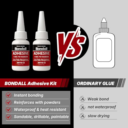 BONDALL Instant Bonding Adhesive Repair Kit, 4PC Set with (2) Super Glue Bottles, Plastic & Metal Reinforcing Powders (Black & Grey), Strong Waterproof Adhesive. (BONDALL - 1 Pack) 36118
