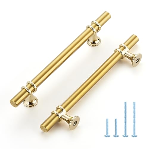 HOME EDIT Brushed Brass Cabinet Handles, 5 Inch Hole Center Modern T-Bar Drawer Pulls, Decorative Hardware for Cabinets, Dressers, and Drawers, 10 Pack - color: Brushed Brass, size: 5 Inch Hole Center