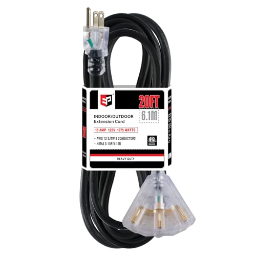 EP 20 Ft 12 Gauge Heavy Duty Extension Cord, 15A 125V 1875W, 3 Outlet Indoor/Outdoor Power Cord with Lighted End, 12/3 SJTW Weatherproof Black - color: Black, size: 20ft