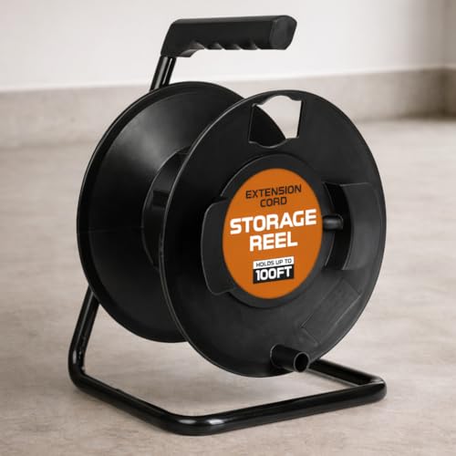 IRON FORGE CABLE Extension Cord Storage Reel with Metal Stand, Black - Portable Cable Reel That Holds Up to 100 Ft of Extension Cords, Hose, or Rope - color: Black