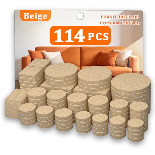 Felt Furniture Pads 114 PCS, 7 Sizes, Felt Pads for Chair Legs, Suitable for Round and Square Chair Legs, to Prevent Scratches, Reduce Noise and Protect the Floor (Beige) - size: 114PCS-Beige