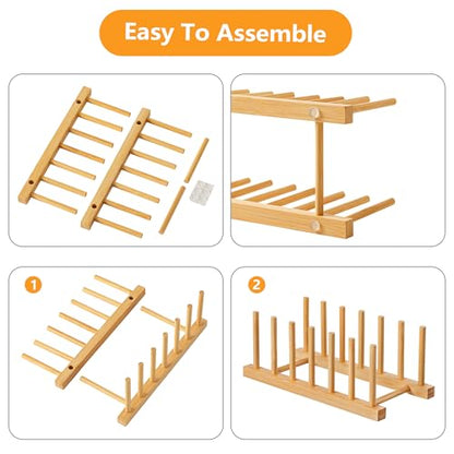 HBlife Bamboo Dish Plate Bowl Cup Book Pot Lid Cutting Board Drying Rack Stand Drainer Storage Holder Organizer Kitchen Cabinet（Keep Dry） - color: Bamboo 6 Slots 1pcs