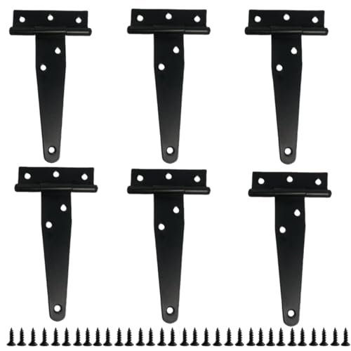 6 Pack 4 Inch Black Hinges T-Strap Hinges for Wood Doors, Steel Black Powder Coated Outdoor shed Door Hinges/barn Door Hinges, gate Hinges for Wooden Fences, Includes Screws (Light Duty) - size: 4IN-6PCS