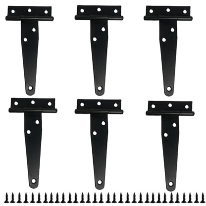 6 Pack 4 Inch Black Hinges T-Strap Hinges for Wood Doors, Steel Black Powder Coated Outdoor shed Door Hinges/barn Door Hinges, gate Hinges for Wooden Fences, Includes Screws (Light Duty) - size: 4IN-6PCS