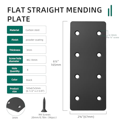 12 PCS Black Flat Straight Mending Plate with 96 M4*20mm Screws 6-1/2" x 2-5/8" Carbon Steel Repair Brace Bracket 3mm Thick for Wood Furniture Cabinet Flat Straight Brace Brackets