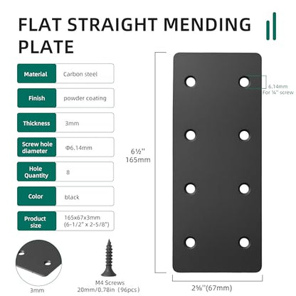 12 PCS Black Flat Straight Mending Plate with 96 M4*20mm Screws 6-1/2" x 2-5/8" Carbon Steel Repair Brace Bracket 3mm Thick for Wood Furniture Cabinet Flat Straight Brace Brackets