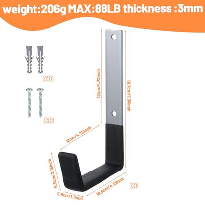 Heavy Duty Garage Hooks 8-Pack Wall Mount Storage Hooks for Bike, Ladder, Garden Hose, Chainsaw, Shovel, and Utility Tools - 55lbs Capacity, Black