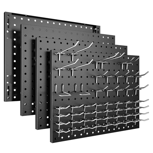 Spampur Peg Board, 4 Pack Metal Pegboard Panels with 50 Hooks, Black Pegboards Wall Organizer, Heavy Duty Peg Board for Walls Home, Garage Tool Storage, Office Organization, Craft Room, Kitchen - color: Black, size: 16x12"- 4 Pcs