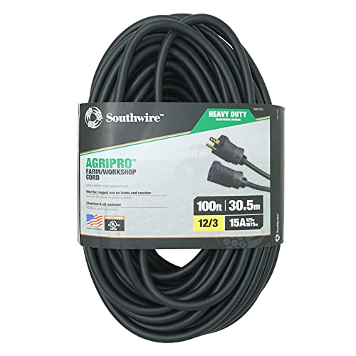Southwire AgriPro 12 Gauge Heavy Duty Extension Cord - All-Copper Wire - Extra Durable Molded Plug - Cold Weather Rated - Oil & Chemical Resistant - UL Listed - Farm & Workshop Ready - 100 Feet - color: Black, size: 12/3 Gauge, style: 100 ft