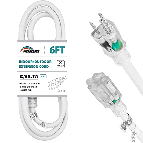 Indoor Outdoor Extension Cord Weatherproof with Lighted End, UL Certified, 10 Gauge 6FT White 3 Prong Heavy Duty, 10/3 SJTW 15A Power Cord for Outdoor Lights, Lawn - size: 6ft, style: 10/3