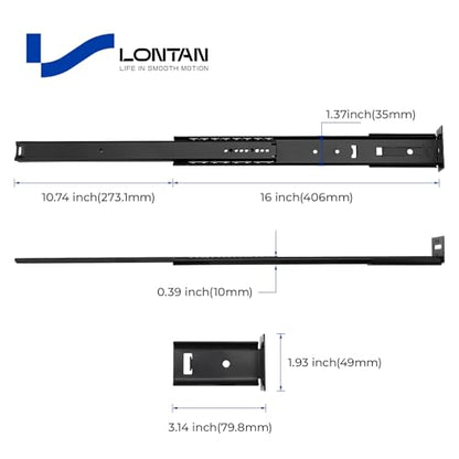 LONTAN 5 Pcs Black Center Mount Drawer Slides 16 Inch - Bottom Centered Drawer Mount 3/4 Extension Heavy Duty Drawer Glides for Cabinets, Dressers, and Furniture – Smooth and Quiet Operation - size: 16 Inch