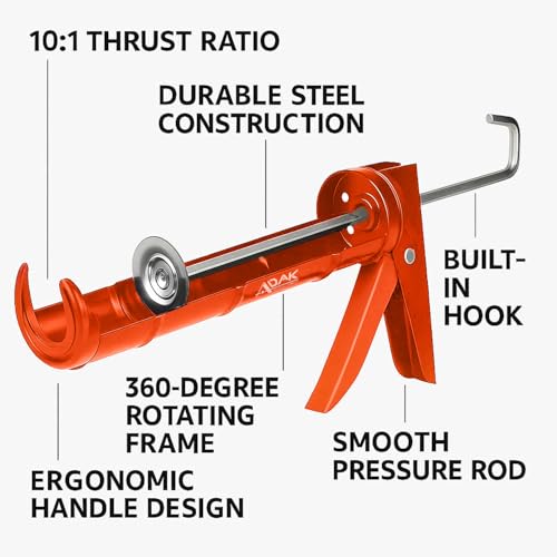 ADAK - Professional Caulking Gun, 10:1 Thrust Ratio, Caulking Gun No Drip, Hand Tool for Silicone & Sealant Application, Smooth Pressure Caulk Gun, Caulking Gun Tool (Orange) - color: Orange