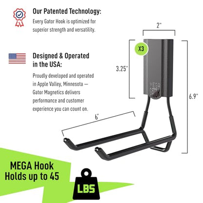 GATOR MAGNETICS MEGA 6 in Open Hooks, 45 lb Heavy Duty Magnetic Hooks for Steel Surfaces, Patented Easy-Release, Non-Slip Grip – Storage & Organization, Garage, Home Tools & Gear Storage – 3 Pack - size: 6 Inch, style: Open