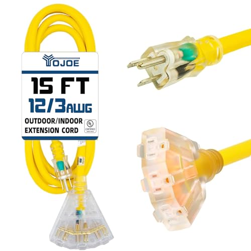 YOJOE 3-Outlets Indoor Outdoor Extension Cord with Lighted End, 3 Prong 15A Weatherproof Power Cord, 12 Gauge Heavy Duty 15 ft Yellow Extension Cord Multiple Outlets, 12/3 SJTW UL Listed - color: Yellow, size: 15 Foot