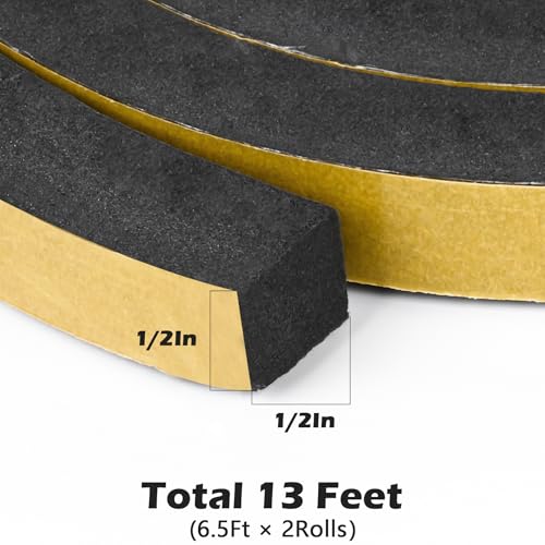 ToLanbbt Black Door Window Weather Stripping Self Adhesive Foam Tape High Density Foam Sealing Strip Window Insulation Weatherproof Gasket Tape 1/2" Wide X 1/2" Thick, 6.5 Ft X 2 Rolls, Total 13 Feet - color: Black, size: 1/2 In x 1/2 In x 13Ft