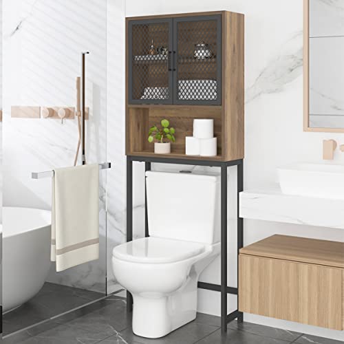 Launica Bathroom Organizer Over Toilet, Over The Toilet Storage Cabinet, Wood Metal Bathroom Space Saver Stand Behind Toilet, Industrial Freestanding Rack Above Toilet with Shelf, Rustic Oak - color: Rustic Oak