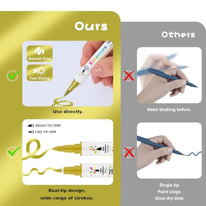 Swemos Acrylic Paint Pens Markers, Dual Tip with Fine Tip and Brush Tip Pens Acrylic Paint Markers Waterproof Acrylic Markers Set for Rock, Canvas Stone, Wood, Glass, Metal (GOLD+SILVER, 2) - style: GOLD+SILVER