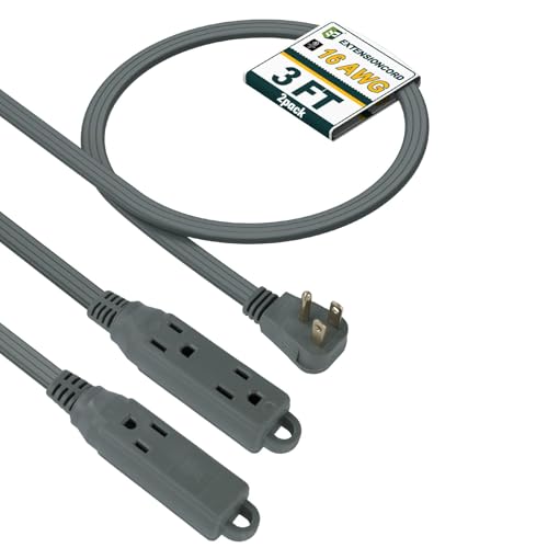 EP 3 Ft 3 Outlet Extension Cord with Flat Plug, 3 Prong Grounded, 16/3 SPT-3 Power Cable for Indoor Use, Grey, 2 Pack - color: Grey, size: 3 Ft