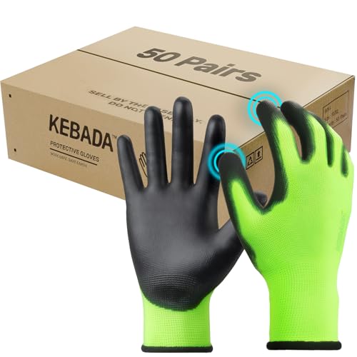 Kebada W1 Work Gloves for Men and Women, Touchscreen PU Coated Gloves with Grip, 50 Pairs Bulk Pack, Ideal for Warehouse Package Handling, Construction, Gardening, Green X-Small - color: 50-pairs Green, size: X-Small