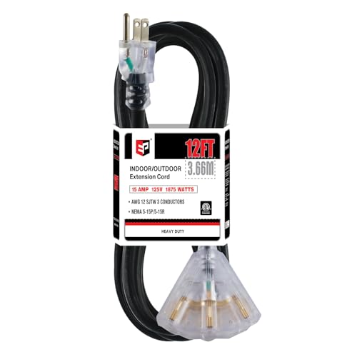 EP 12 Ft 12 Gauge Heavy Duty Extension Cord, 15A 125V 1875W, 3 Outlet Indoor/Outdoor Power Cord with Lighted End, 12/3 SJTW Weatherproof Black - color: Black, size: 12FT