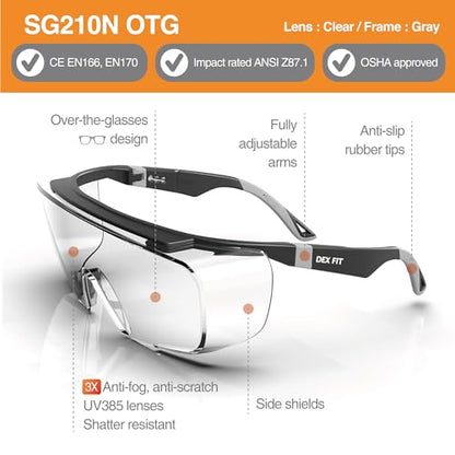 DEX FIT Safety Glasses Over Eyeglasses SG210N - Anti-Fog & Scratch Resistant Z87.1 Certified, Adjustable Temples, Side Shields, UV Protection, Clear Lens PPE for Men & Women; Black & Gray, 1 PC - color: Black/Gray - Clear, size: 1 PC