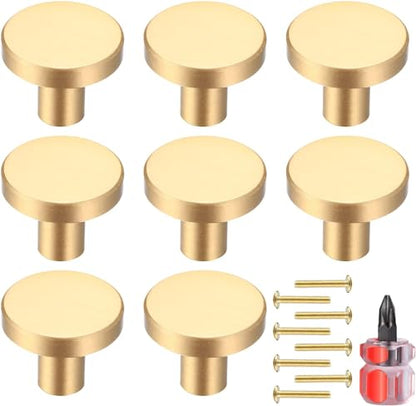 Gold Cabinet Solid Knobs, 8 Pcs Brushed Brass Round Kitchen Cabinet Hardware Pulls Knobs Gold for Dresser Drawer Cupboard Furniture Closet Wardrobe Door Knobs Handles, with Screwdriver,20x25 mm - size: 25mm/0.98inch (8 pcs Brass)