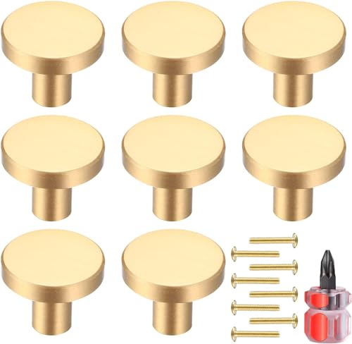 Gold Cabinet Solid Knobs, 8 Pcs Brushed Brass Round Kitchen Cabinet Hardware Pulls Knobs Gold for Dresser Drawer Cupboard Furniture Closet Wardrobe Door Knobs Handles, with Screwdriver,20x25 mm - size: 25mm/0.98inch (8 pcs Brass)
