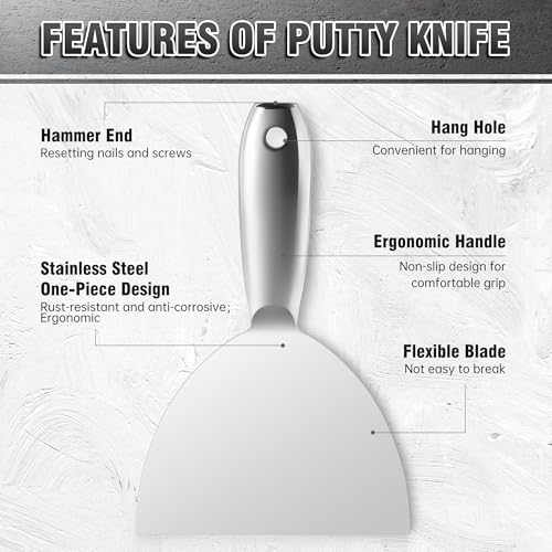 Fishark Putty Knife, 5 Pcs Putty Knife Set, 2" 3" 4" 6" 8" Stainless Steel Scraper, Spackle Knife, Wallpaper Scraper Paint Scraper Tool for Drywall Repair, Removing Wallpaper, Mud, Applying Plaster - color: 2" 3" 4" 6" 8"