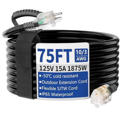 75ft Outdoor/Indoor Extension Cord with Lighted 10/3 Gauge Ultra 3 Prong Heavy Duty SJTW, Waterproof, Flexible Cold-Resistant,15A 125V 1875W, Black - size: 75FT