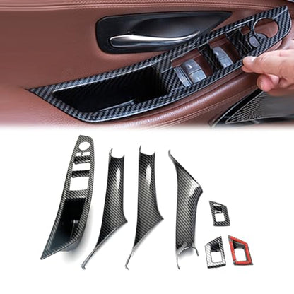 7PCS Carbon Fiber No-Remove Interior Door Pull Handle Sticky Cover for BMW 5 Series F10/F11 (2010-2016) 520, 523, 525, 528, 530, 535 Driver Passenger Side Window Switch Armrest Panel - color: Carbon Fibre