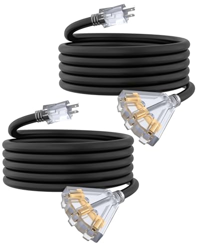 10Ft 12 Gauge Outdoor Extension Cord with 3-Outlets, Heavy Duty 3 Prong Extension Cord Waterproof with Lighted end, 15A SJTW, ETL Listed, Black - color: Black, size: 10FT 2PACK