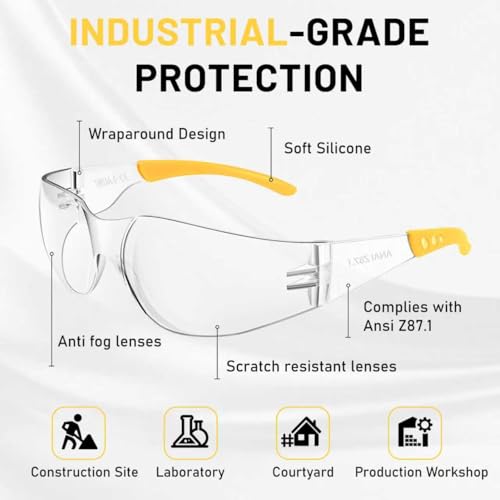 Salfboy Anti Fog Wraparound Safety Glasses Bulk, ANSI Z87.1 Certified for Construction, Yard Work, Laboratories - style: Yellow Leg