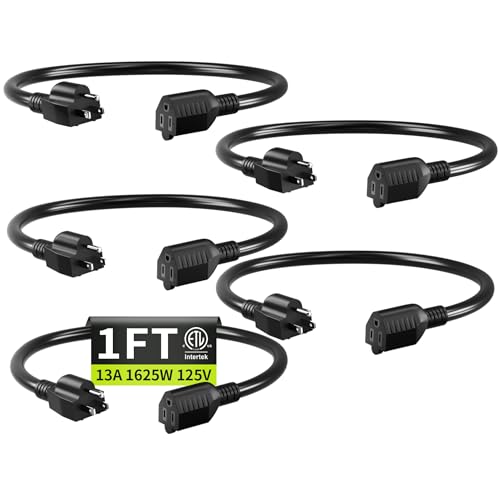 Short Extension Cord 1FT 5 Pack,16 AWG Black Power Cord Indoor for Laptops,Coffee Makers,Office Home Appliances,3 Prong Small Extension Cable Outlet Saver,13A 125V 1625W,ETL Listed. - color: Black, size: 1FT-5pc, style: 16AWG Extension Cord