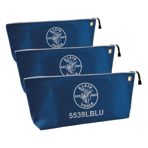 Klein Tools 5539LBLU Zipper Bag, Large 16-Inch Canvas Tool Pouch for Tool Storage with Brass Zipper, and Grommet for Hanging, Blue (Pack of 3) - color: Blue, size: Large (Pack of 3)