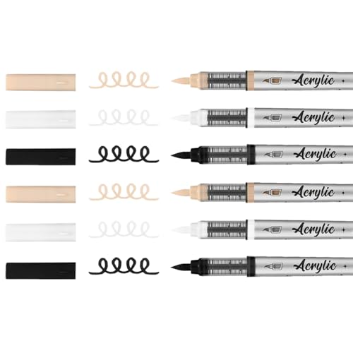 Mifuner Acrylic Paint Pens Set,3Colors Soft Brush Tip Acrylic Paint Markers, Direct-Liquid Ink System,Colored Marker Pen for Rocks,Wood,Ceramic,Canvas, Eggs DIY Painting Art Supplies.Black White Skin - color: 6pcs-Black White Skin