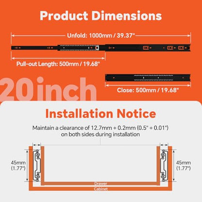 ToBeGreat 1 Pair Side Mount Drawer Slides Rails 20 Inch 100 LB Load Capacity, Full Extension Ball Bearing Metal Replacement Dresser Runners Cabinet Trash Can Slider Kitchen Glides (Black,508mm) - color: Black-1 pair, size: 20 Inch