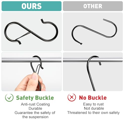 12 Pcs S Hooks for Hanging Heavy Duty, 3.5-inch Heavy Duty Metal S Hook with Safety Buckle, Suitable for 0.5 inch Rods, S Hook for Hanging Plants, Closet, Kitchen Utensil, Pot, Pan, Bags - size: 12PCS