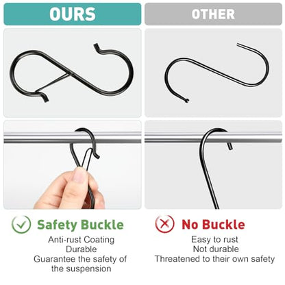 12 Pcs S Hooks for Hanging Heavy Duty, 3.5-inch Heavy Duty Metal S Hook with Safety Buckle, Suitable for 0.5 inch Rods, S Hook for Hanging Plants, Closet, Kitchen Utensil, Pot, Pan, Bags - size: 12PCS