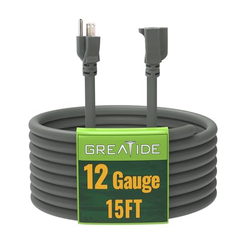 15 Ft Outdoor Extension Cord - 12/3 SJTW Heavy Duty Grey Extension Cable with 3 Prong Grounded Plug - Power Cord for Lawn, Garden, Appliances - color: Grey, size: 15 ft