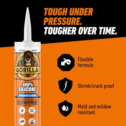 Gorilla 100% Silicone Sealant Caulk Window & Door, 10 Ounce Cartridge, White