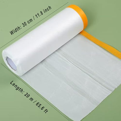 2 Rolls Pre-Taped Plastic Sheeting, 9.8ft x 65ft Clear Poly Drop Cloth with Masking Film for Painting, Furniture, Floor & Appliance Protection