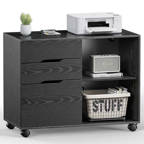 DUMOS Lateral File Cabinet with 3 Drawers Rolling Filing Cabinets Under Desk Storage Printer Stand Wood Organizer with Wheels Adjustable Shelf for Office Home Small Space, Black - color: Modern Black