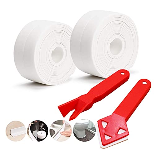 SNAILGARDEN 2 Roll White Caulk Strip, 1.5" x 10.5Ft Self Adhesive Caulk Tape with 2 Pcs Caulking Tool, Waterproof Caulking Sealing Tape for Kitchen Toilet Bathroom Bathtub Sink Basin Edge Protector