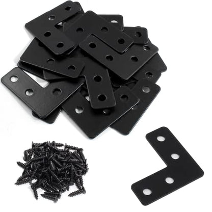 BokWin 20PCS Mending Plates，L-Shape Corner Braces Black Flat Corner Braces for Wood 1.57x1.57/ 40x40mm Right Angle Mending Repair Plates with Screws