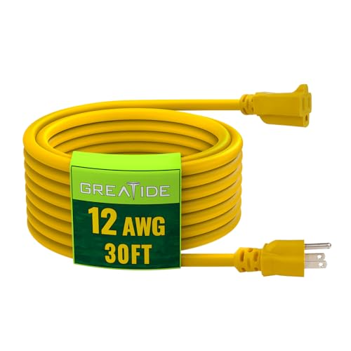 30 Ft Outdoor Extension Cord - 12/3 SJTW Heavy Duty Yellow Extension Cable with 3 Prong Grounded Plug - Power Cord for Lawn, Garden, Appliances - color: Yellow, size: 30 FT