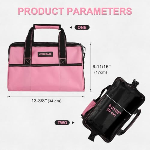 COMOWARE 13-Inch Tool Bag, Pink Soft Storage Bags with Inside Pockets, Wide Mouth Pink Tool Tote Bag - color: Pink