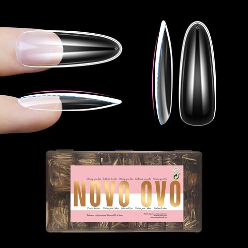 NOVO OVO Long Oval Nail Tips NATURAL (Not SCULPTED) for Flat Nail Beds, Extra Thick L Length False Nails Press on, Full Cover Soft Gel Fake Nail Extension, Salon DIY x 15 Sizes 450 pcs - color: L Oval Natural Thick
